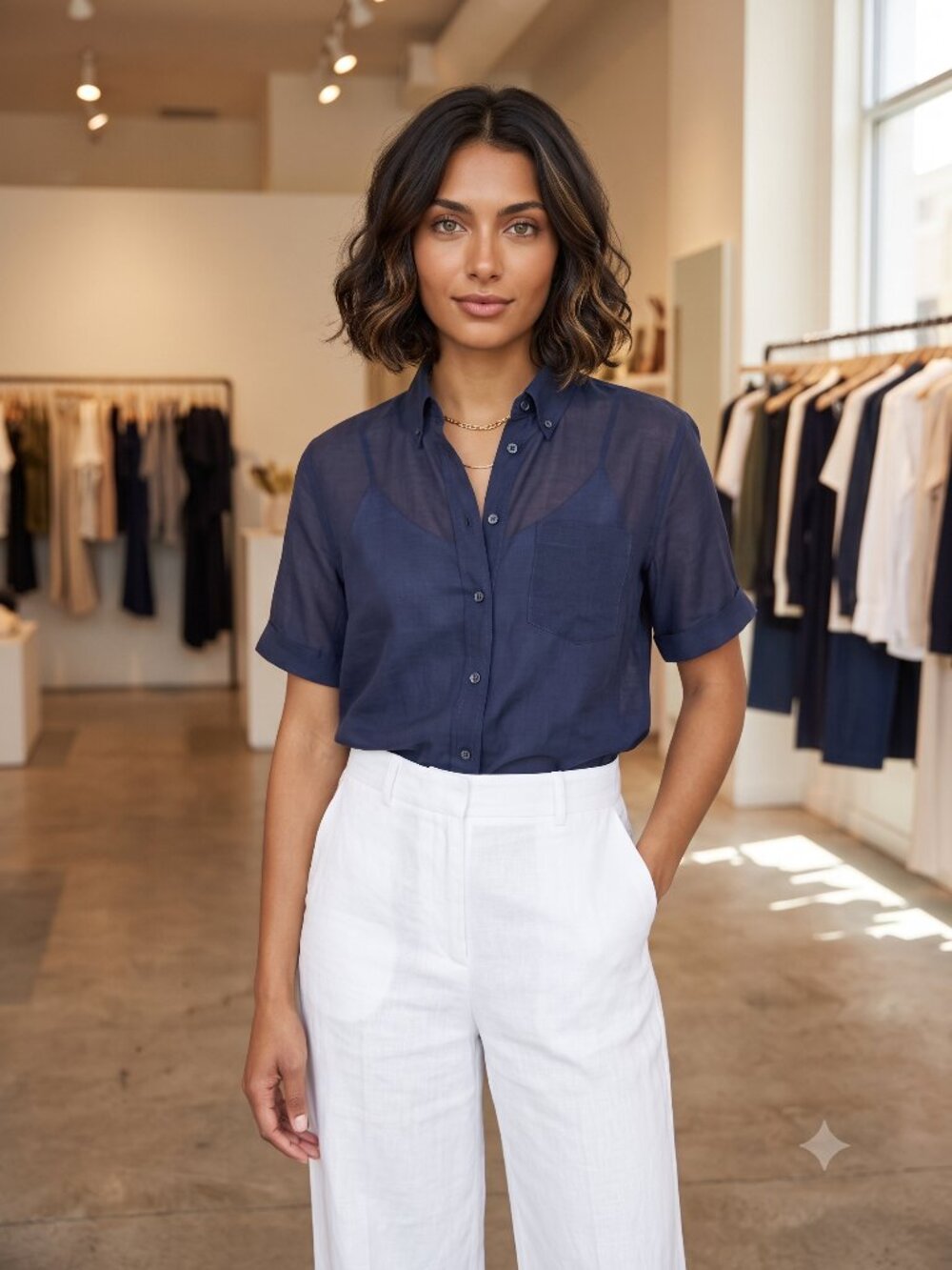 EQUIPMENT Femme S/P Navy Blue Cotton Silk Sheer Short Sleeve Button Down Shirt